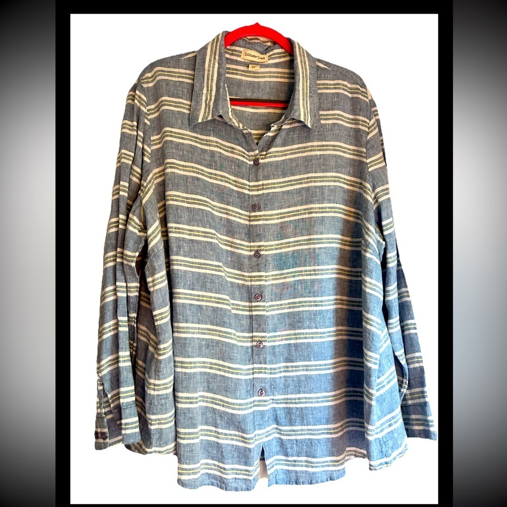 COLDWATER CREEK Womens Linen Blue Striped Button-Up Tunic Shirt Sz 2XL